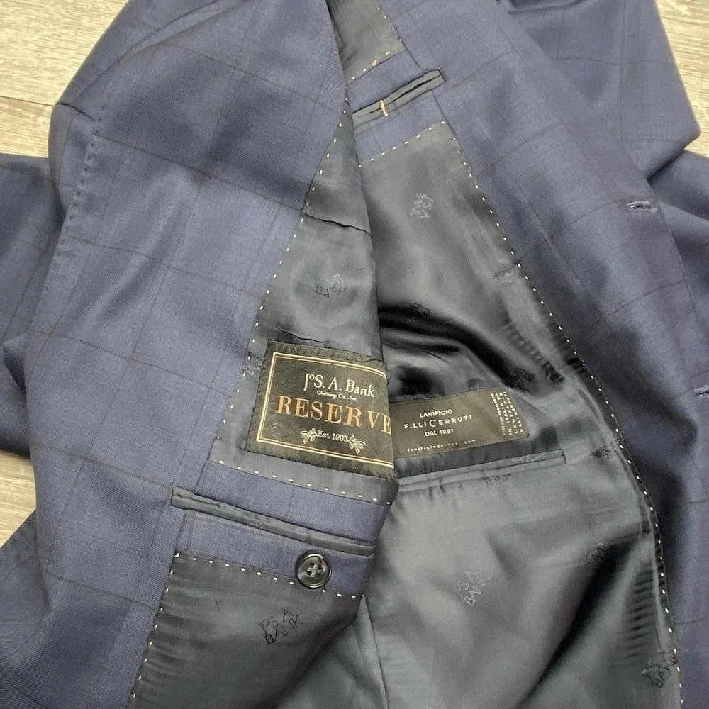 Jos A Bank Suit Jacket 41R Mens Blue‎ Check Wool Reserve Cerruti Tailored Fit